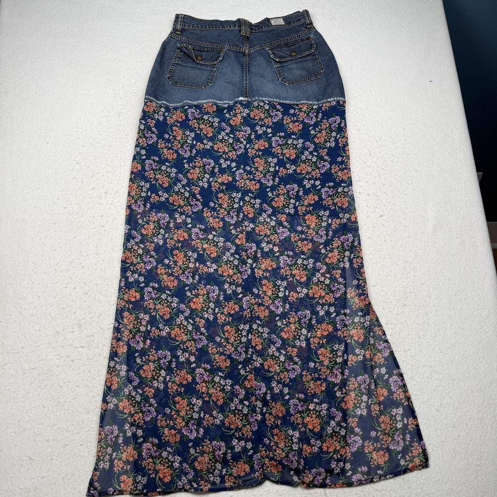 Levis Skirt Womens 6 Blue Stretch Denim Floral Lace Boho Long Homemade - Picture 6 of 8